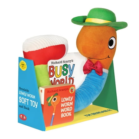YOTTOY Richard Scarry Collection | Lowly Worm Bendable Soft Plush Toy with Board Book- 2 in 1 Set
