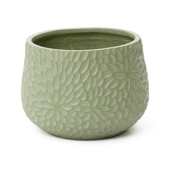 LuxenHome 16" Dia Green Large Round Planter with Floral Texture, Decorative Garden Plant Pot Indoor Outdoor Use
