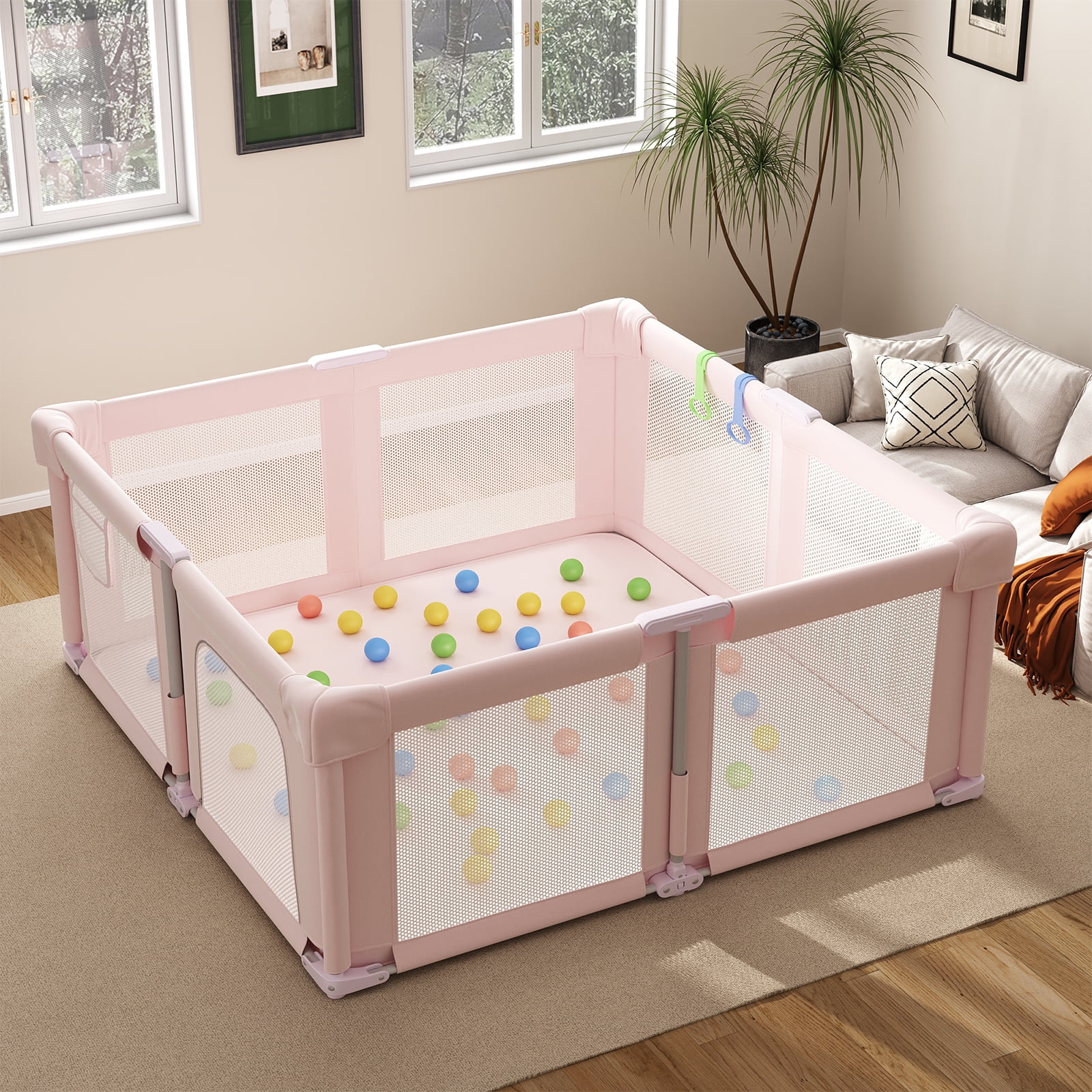 Baby Playpen 51" x 51", Play Pens for Babies and Toddlers Baby Fence Play Yards for Indoor & Outdoor with Breathable Mesh Anti-Fall Playpen, Pink
