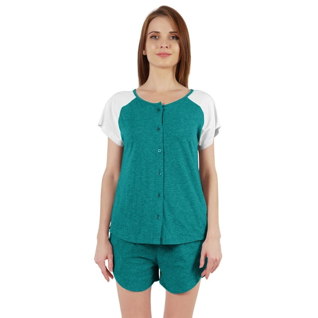 Inkmeso Ensemble de Nuit 2 Pcs pour Femmes Manches Raglan Chemise Boutonnée & Shorts Vêtements de Nuit-22