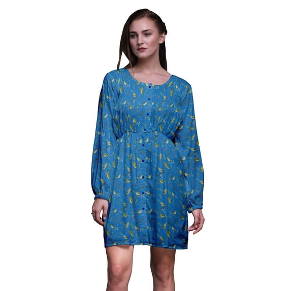 Bimba Blue Blue Berries & Flowerpecker Bird Floral Print Button Down Long Sleeve Midi Dress Women Clothing-XXX-Large