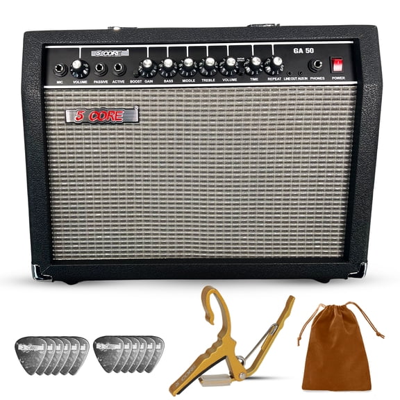 Electric Guitar Bass Amp 50 Watt Amplifier Built in Speaker 2 Input Headphone Jack & LineOut Input Includes Boost Crunch Master 3 EQ – Black 5 Core