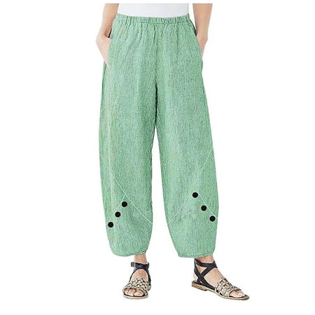 

Womens Cotton Linen Capri Pants Summer Elastic Waisted Casual Pants Wide Leg Loose Fit Comfy Pajama Beach Trousers CHMORA(Green 4XL)