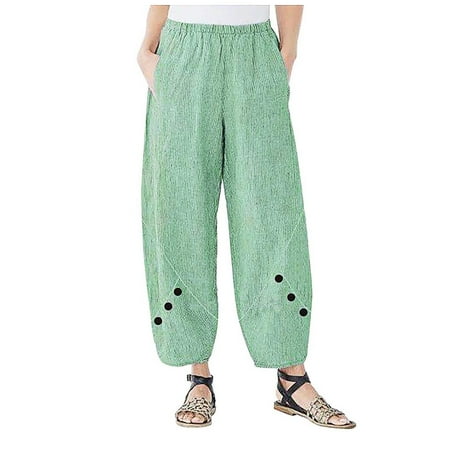 

Womens Cotton Linen Capri Pants Summer Elastic Waisted Casual Pants Wide Leg Loose Fit Comfy Pajama Beach Trousers CHMORA(Green 4XL)
