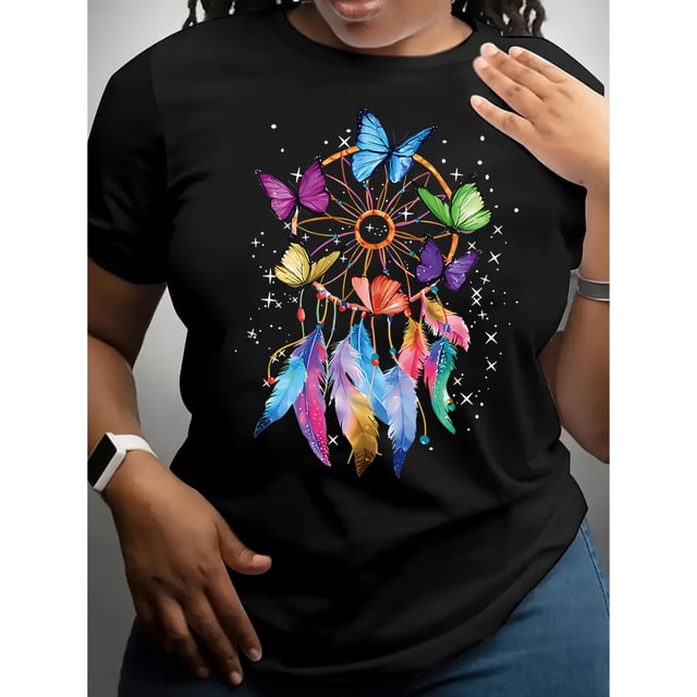 Women's Casual Short Sleeve T-Shirt With Soft Fabric, Round Neck, Colorful Feather Print, Leisure Sports Style Tee For Adult, Men, Women, Teen, Teenager, Adolescent, Youth