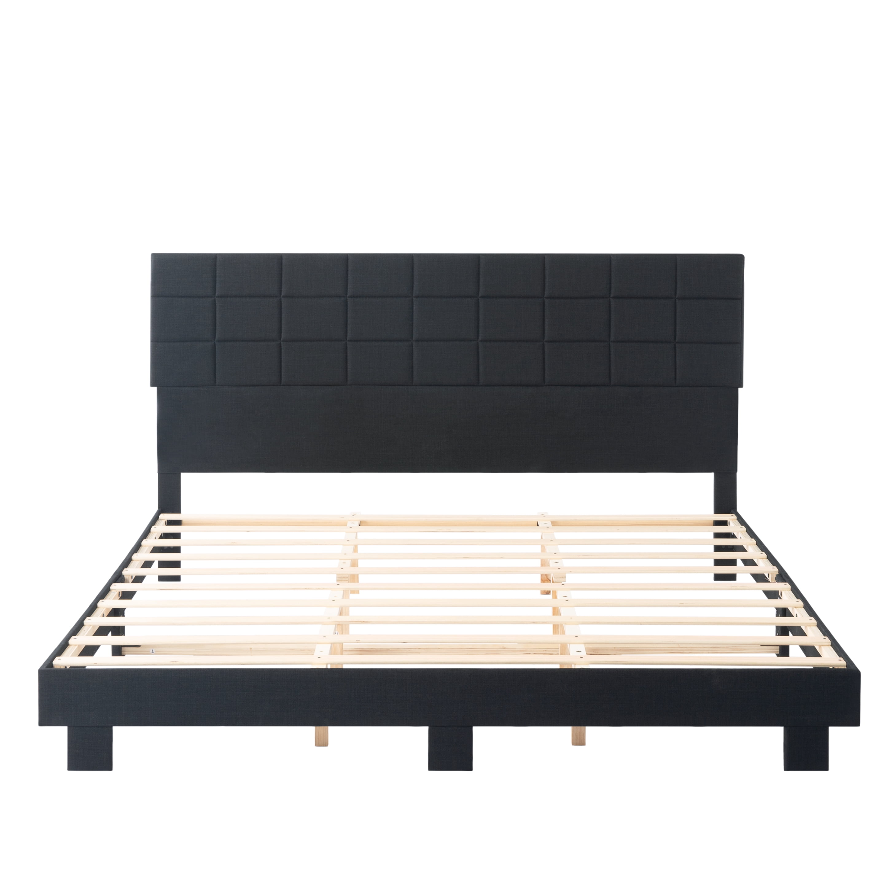 Gewnee King Size Platform Bed Frame with Linen Upholstered Headboard, Wood Slats, No Box Spring Needed, Black