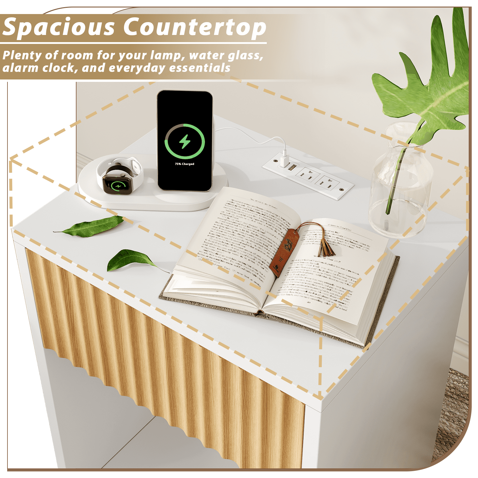 White Nightstand with Charging Station & LED Lights, End Table Side Table Set of 2 for Bedroom Dorm Office