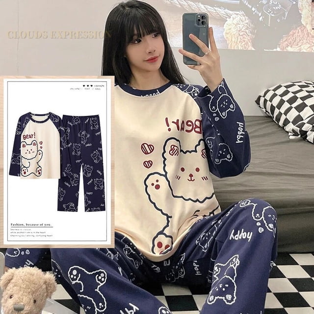 Conjunto de pijama anudado para Mujer, ropa de dormir con dibujos animados, a cuadros, 3XL, primavera y otoño