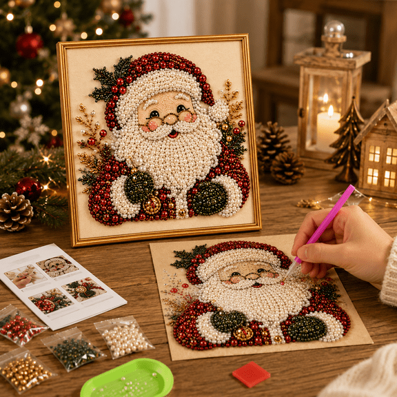 DIY Christmas Diamond Art Kit, Santa 7.9in Includes Pre-Printed Canvas Beads Applicator Pen Tray and Frame, Beginner-Friendly Craft for Tabletop Display