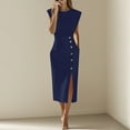 thumbnail image 2 of QATAINLAV Elegant Office Cocktail Dress for Women Casual Crew Neck Button Split Hem Business Work Pencil Midi Dresses with Pockets, Navy, XL, 2 of 7