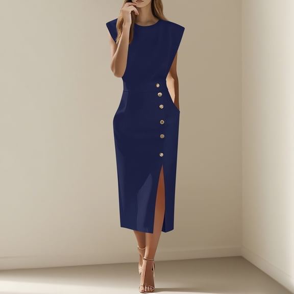 BRGZLK Women's Work Dresses Spring Sumemr Solid Color Sleeveless Cap Sleeve Round Neck Versatile Party Banquet Formal Business Elegant Work Dress with Pockets Navy XXL