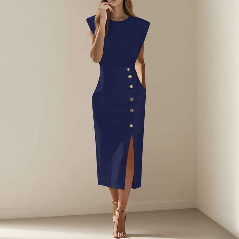 Qatainlav Elegant Office Cocktail Dress for Women Casual Crew Neck Button Split Hem Business Work Pencil Midi Dresses with Pockets, Navy, L, Women's, Qatainlav Elegant Office Cocktail Dress for Women Casual Crew Neck Button Split Hem Business Work Pencil Midi Dresses with Pockets, Navy, L, Women's,