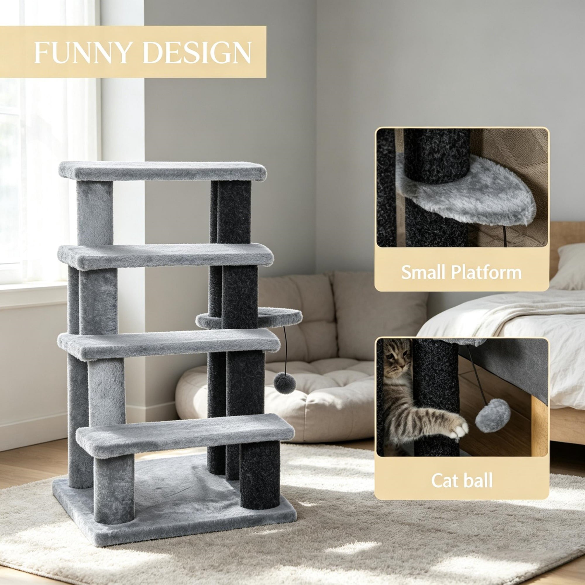 Lightweight Compact Cat Stairs for Older Small Cats Under 10 Lbs, Soft Flannel Covered Pet Steps with Play Platform Hanging Ball Joint Protection Movable Cat Tree