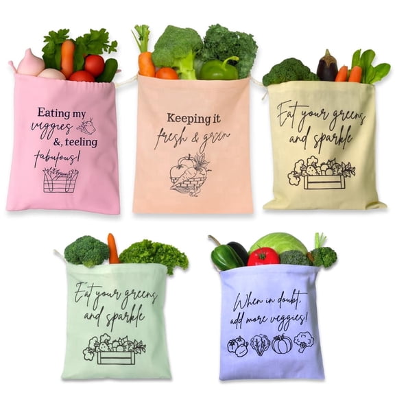 IVillage A Family Cotton Vegetable Bags Reusable Drawstring Pouch for Fridge Storage and Produce Organization Set of 5