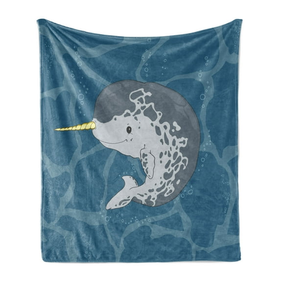 Narwhal Soft Flannel Fleece Throw Blanket, Happy Arctic Ocean Whale Horn Swimming in the Sea Cartoon Style Animal Drawing, Cozy Plush for Indoor and Outdoor Use, 50" x 60", Multicolor, by Ambesonne