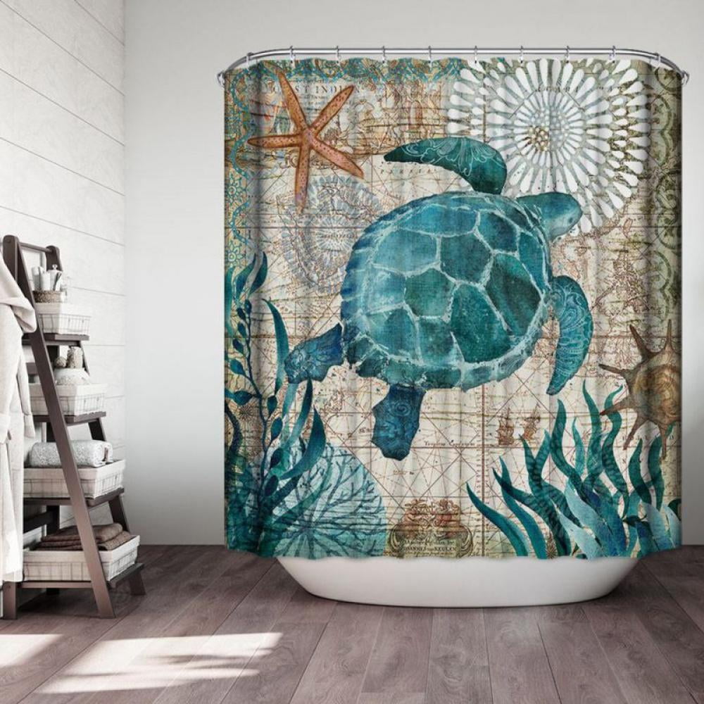 Sea Turtle Shower Curtain, Nautical Ocean Shower Curtains with 12 Hooks, Durable Waterproof Bath