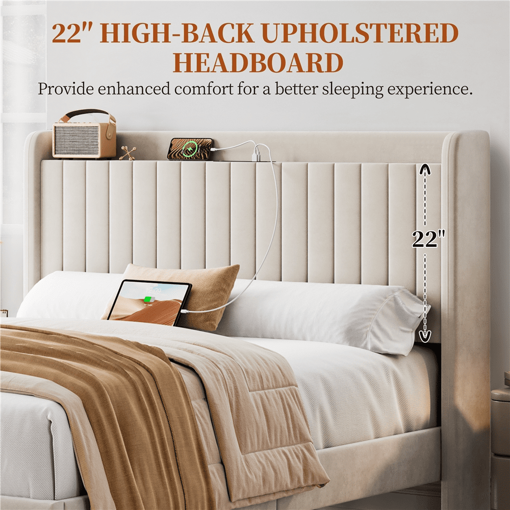 Renwick Queen Size Velvet Upholstered Bed Frame with Storage Headboard and USB Ports, Adult, Beige