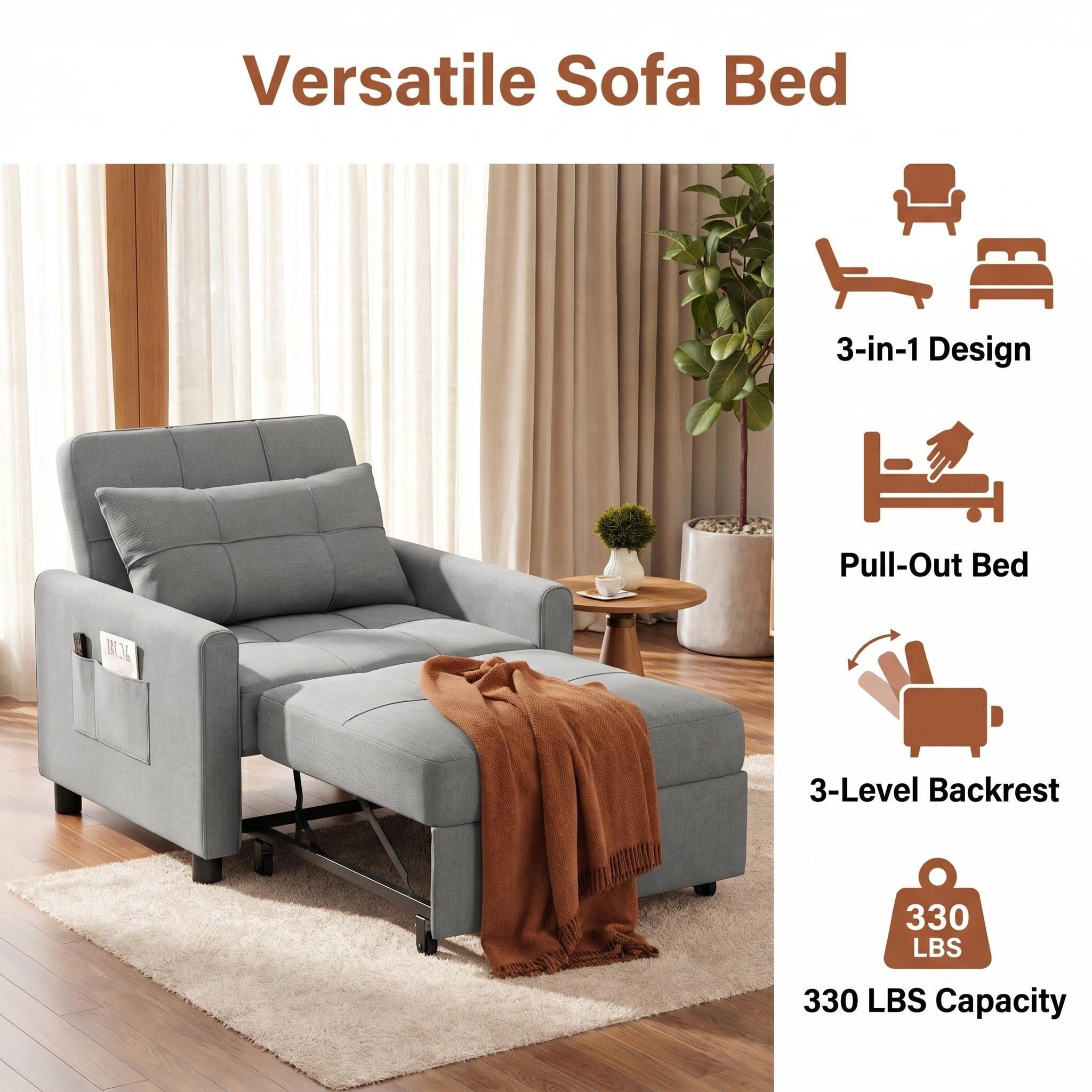 Sleeper chair Bed, Lofka Convertible Futon Sofa Bed with Pull Out Couch and Adjustable Backrest for Living Room, Light Gray