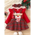 thumbnail image 3 of Baby Girls 3 Piece Outfits Red Long Sleeve Letter Print Romper Plaid Suspender Skirt Headband Set, 3 of 10