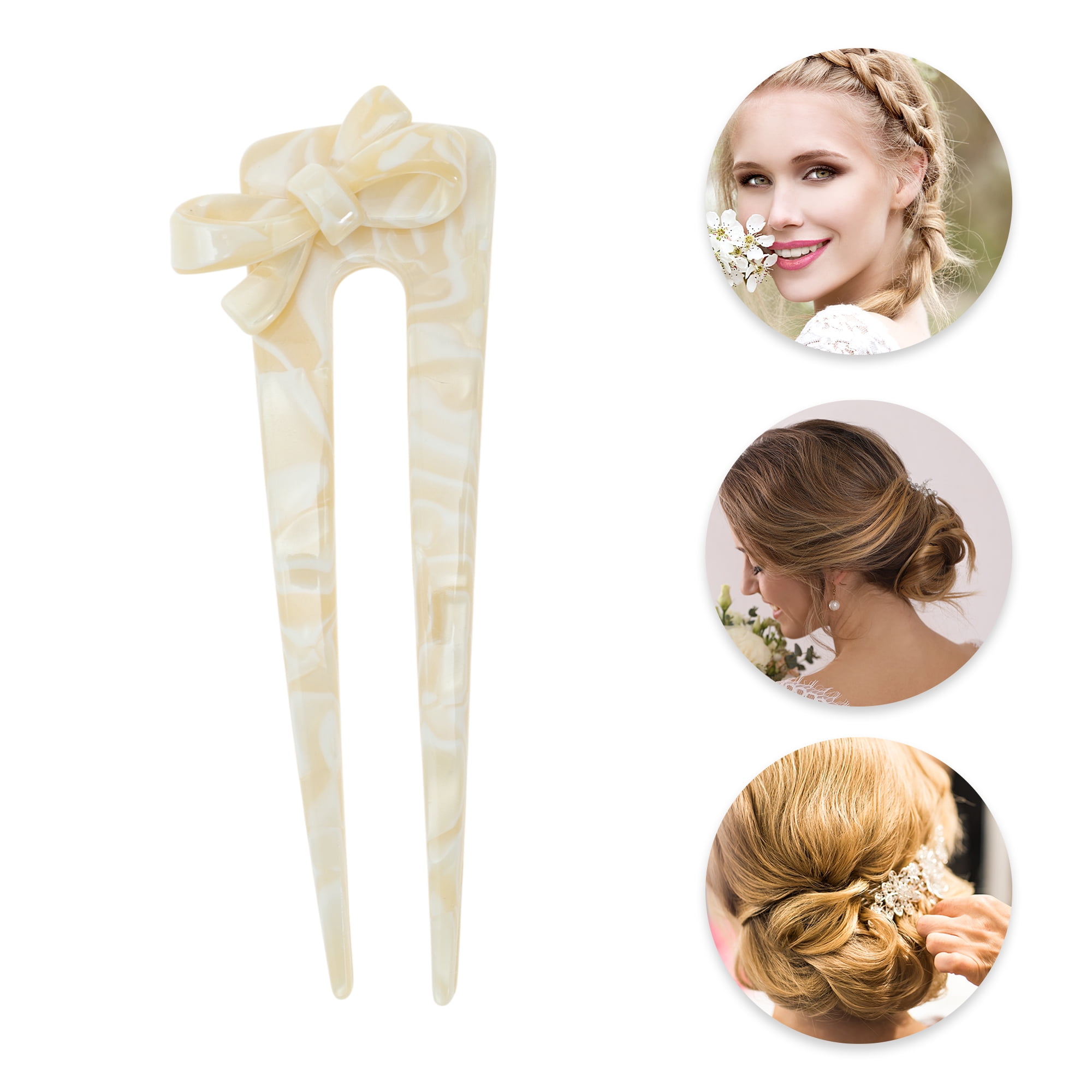 Unique Bargains Comfortable No Slip Bow Chignon Pin for Women 1 Pc Yellow and White