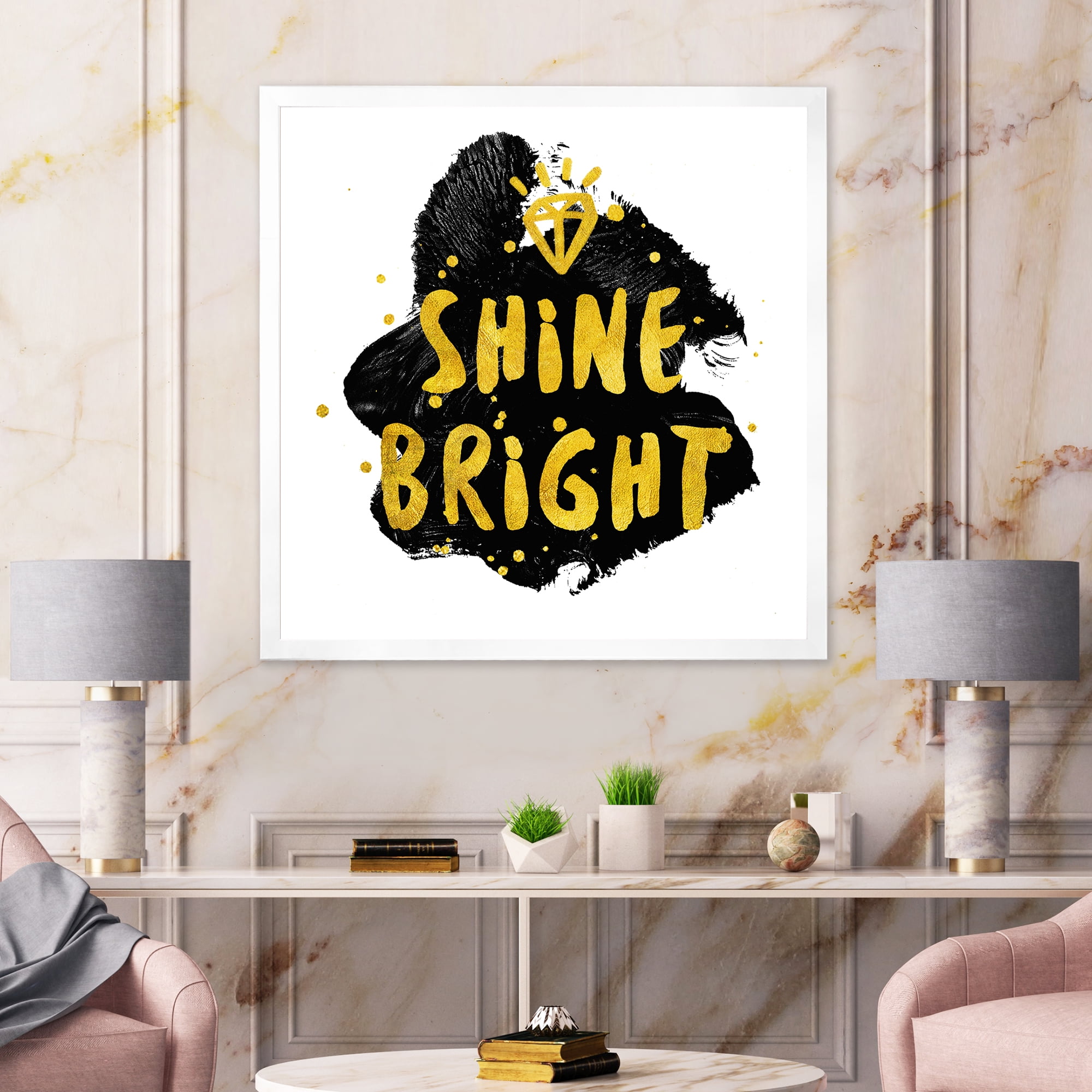 Designart 'Shine Bright Quote on Black' Glam Framed Art Print