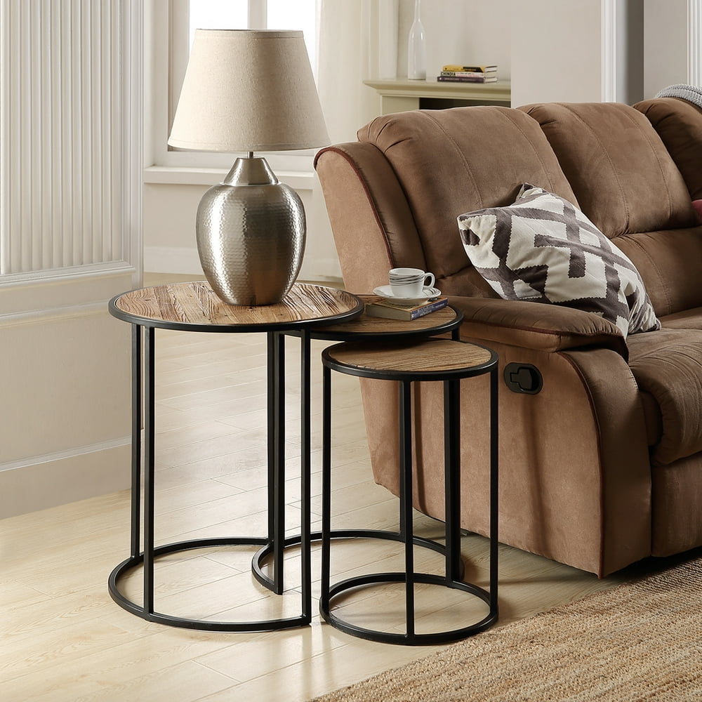Round Rustic Metal Nesting Side End Tables, Modern Round Wooden Side