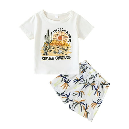 

Qtinghua Toddler Baby Boy Summer Outfits Letter Print T-shirt Tops Coconun Tree Joggers Shorts Hawaiian Clothes White 2-3 Years