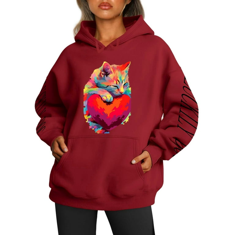 Womens Sweatshirt Alphabet Cat Love 2024 Women Sweatshirts Comfy Women s Sweatshirt Hoodie Warehouse Deals Today XL Walmart