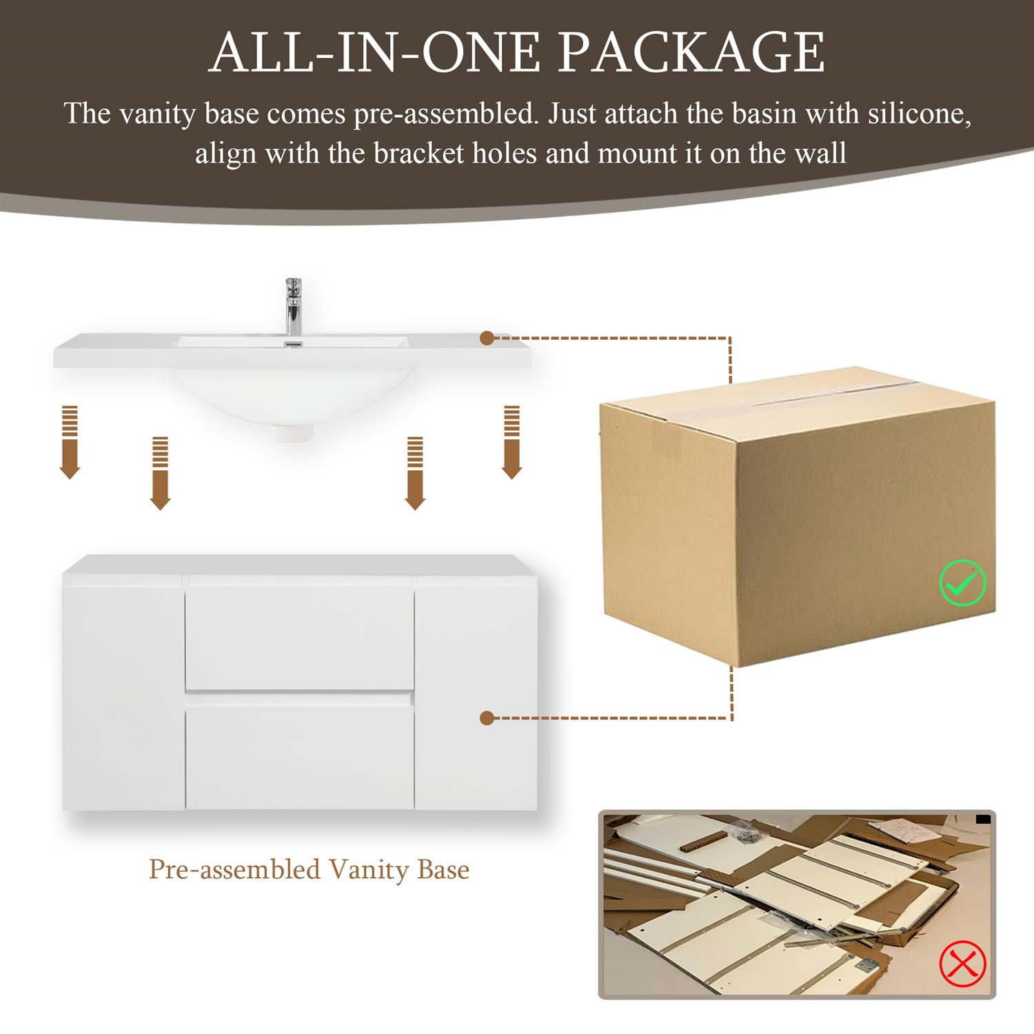 Demi Bonn 48" Floating Bathroom Vanity with Sink, Resin Top Basin and 2 Soft Close Drawers, 2 Storage Cabinet, Faucets and Drains Not Included, White