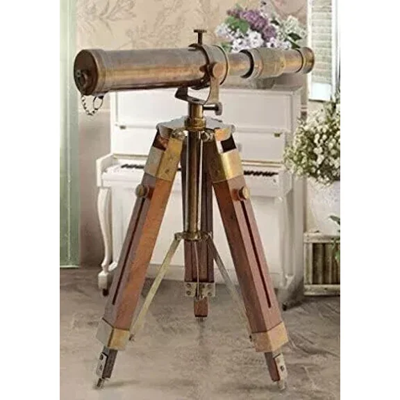 Vintage Brass Nautical Telescope 10 Inch With Wooden Tripod Stand Handmade Gift