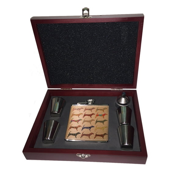 KuzmarK 6 oz. Leather Flask Set in Rose Wood Presentation Box -  Bloodhound Dog