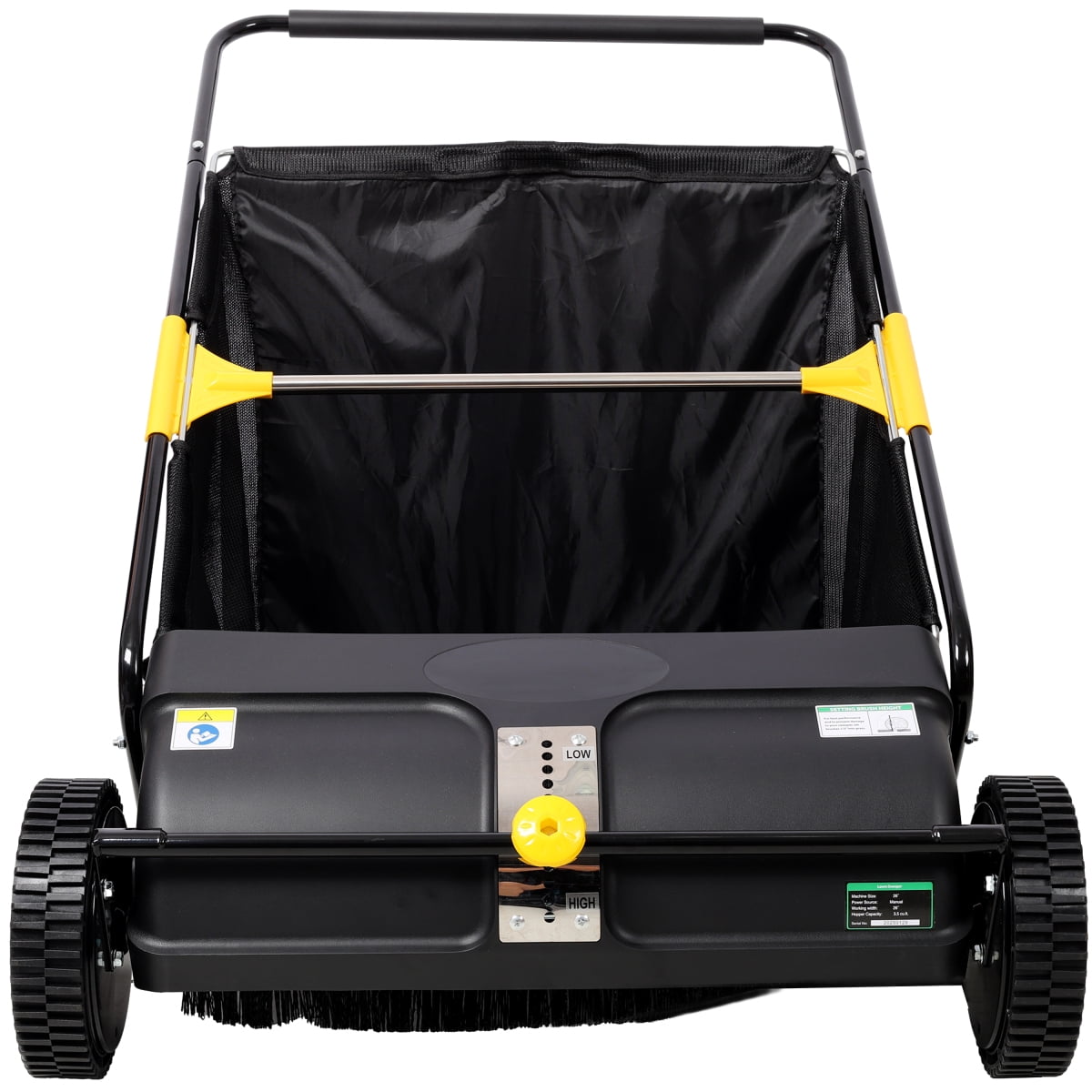LuckyNote 26" Hand Push Lawn Sweeper, 7 cu. ft Leaf & Grass Collector Bag, 4 Brushes, Tool‑Free Adjustable Brush Height for Yard Garden Debris, Black