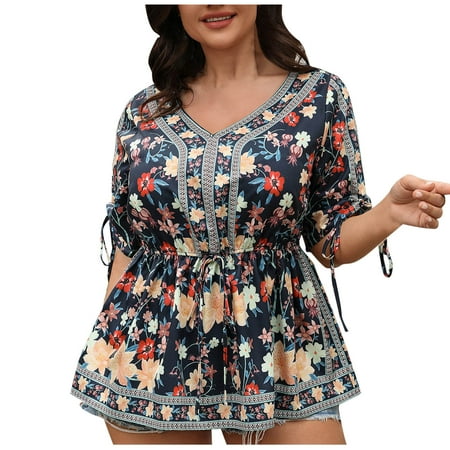 Plus Size Shirts for Womens Summer 2025 Lace-up Short Sleeve Tops Vintage Floral Tunic Blouses Casual V Neck T Shirts Ladies Empire Waist Tunics Tops Swing Flowy Beach Vacation Babydoll Clothes