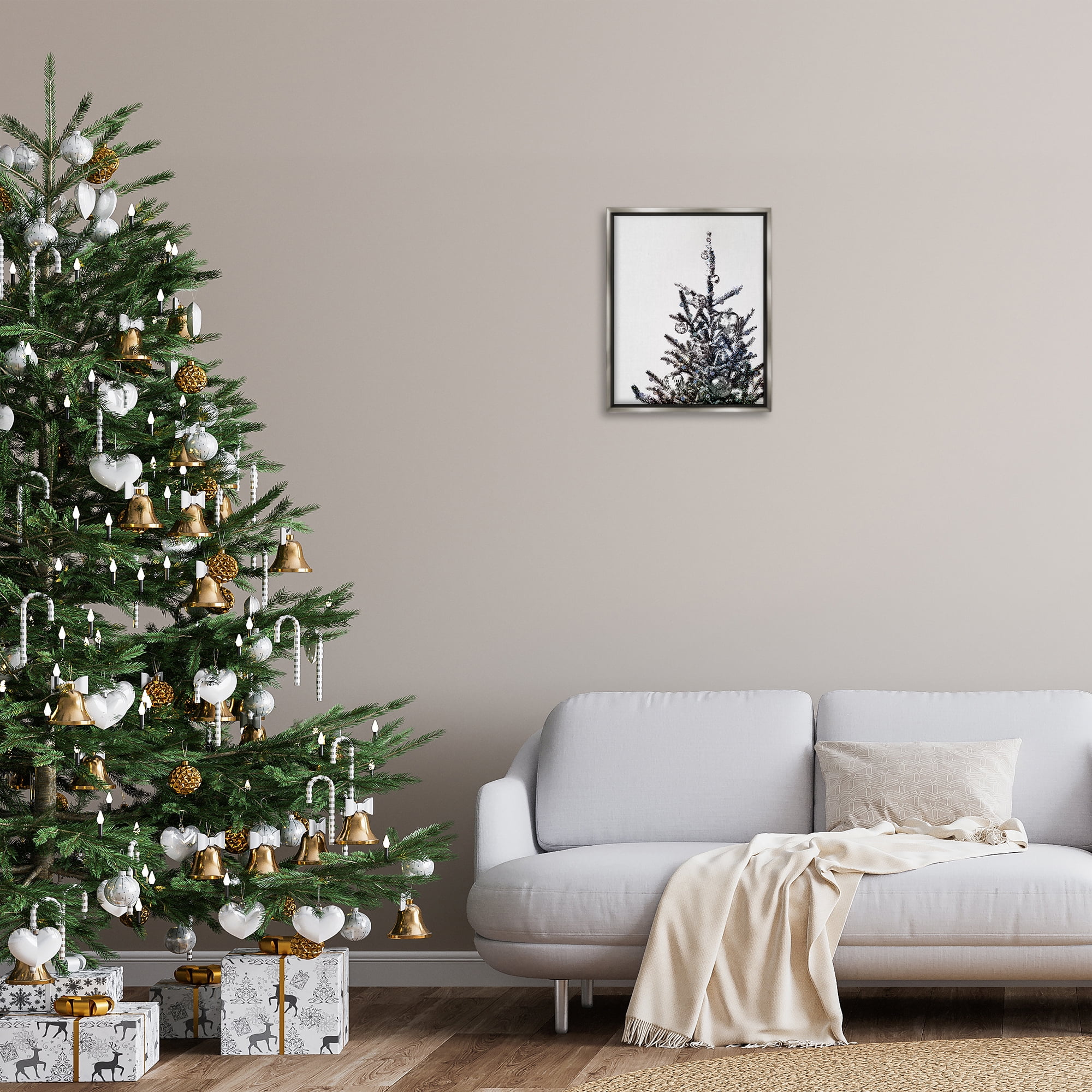 Stupell Industries Christmas Tree Disco Balls Holiday Painting Gray Floater Framed Art Print Wall Art, 17 x 21