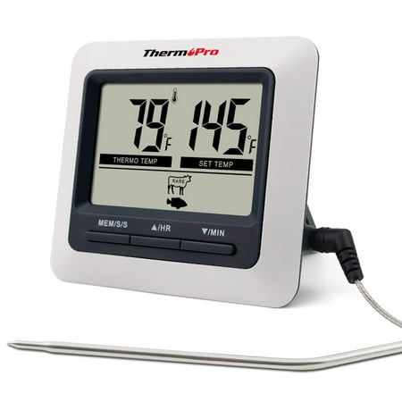 Stainless Steel Temp Probe - ThermoPro TP04 Large LCD Cooking Food Meat Thermometer for Smoker Oven Kitchen BBQ Grill Thermometer Clock Timer with Stainless Steel