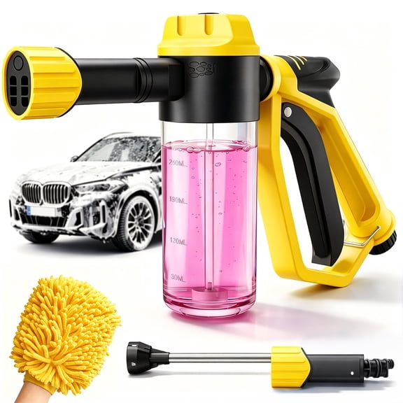 Car Wash Foam Gun for Garden Hose, Foam Cannon Car Wash Kit with Microfiber Wash Mitt, High Pressure Nozzle & 3 Spray Modes, Hose Foam Blaster for Cars, Trucks, RV, Motorcycle Cleaning- Yellow
