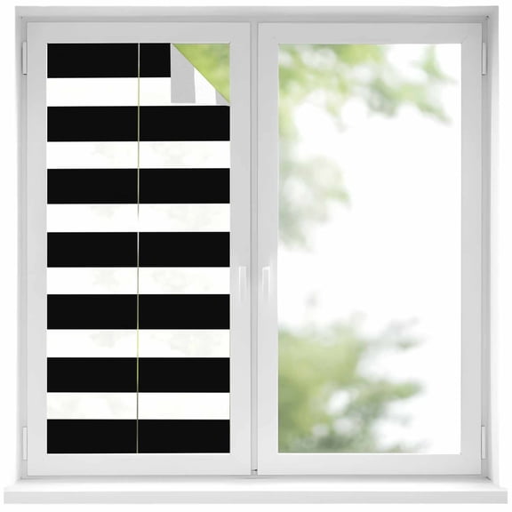 Black Striped Window Privacy Film, Modern Simple Monochrome Geometric White Static Cling UV Sun Blocking Heat Control Window Tint Day and Night, Non-Adhesive One Way Windows Privacy Cover 19.6x39.3