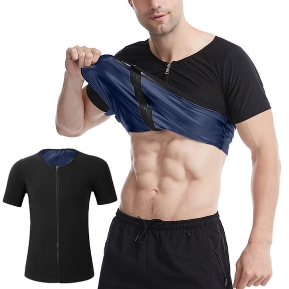 Lanyiu Mens Big & Tall Sweat Shaper Top Zip Up Crew Neck Short Sleeve Tops Tee Sauna Shirt for Gym, Workout