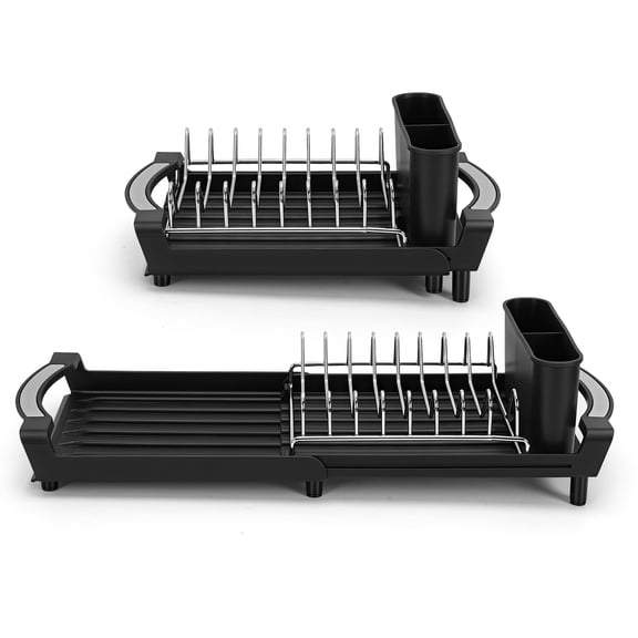 Expandable Dish Drying Rack, Multifunctional Countertop Dish Drainer with Drain Tray, Space Saving Kitchen Plate & Utensil Storage Organizer, Black