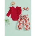 thumbnail image 4 of Baby Toddler Girl Fall Outfit, 0 3 6 12 18 24 Months Ruffle Long Sleeve Ribbed Romper Elastic Waist Pants with Fixed Belt Bow Headband, 4 of 9