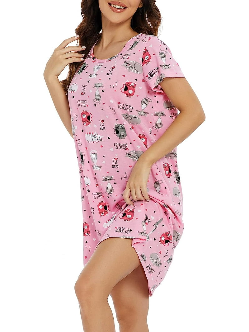 Big Girls' Short Sleeve Nightgown - Lovely Cats Print Sleep Dress, Cotton Blend, Sizes 12-18 (Age 8-18)
