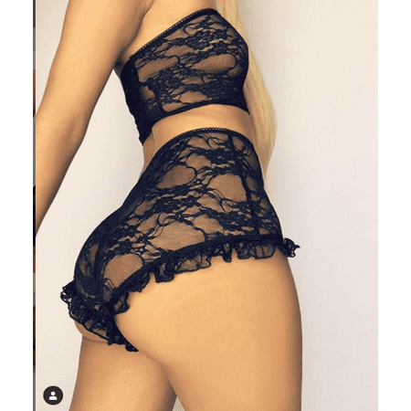 

Lesimsam Women Sexy 2PCS Lingerie Set Floral Lace Crop Slim See Through Mesh Top High Waist Ruffle Short Pants Sleepwear Set