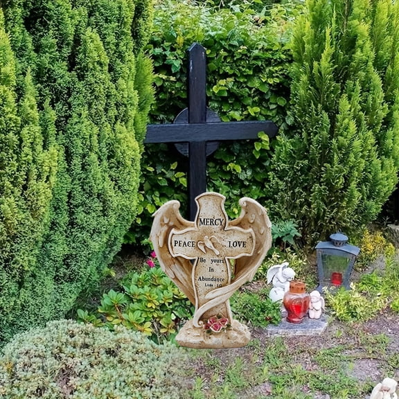 Cross Memorial Stone Grave Marker, Angel Wings Embracing Cross and Rose Garden Statue Memorial Statue for Beloved One, Outdoor Garden Patio Lawn Yard Decor