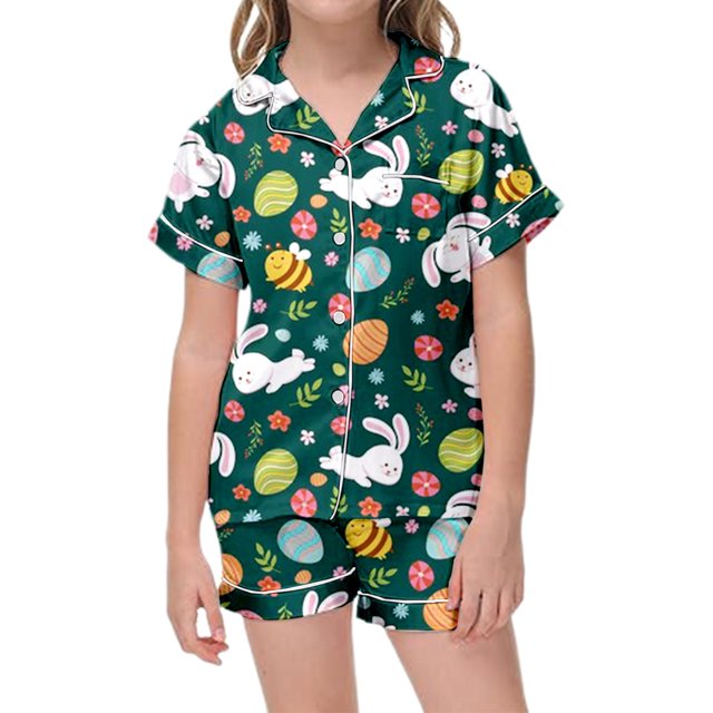 Toimothcn Ensembles de Vêtements pour Bébés Filles Manches Courtes Joyeuses Pâques Pyjamas Imprimés Lapin de Dessin Animé Shorts Extensibles 2 Pcs Ensembles de Vêtements de Nuit Respirants Coupe Ample