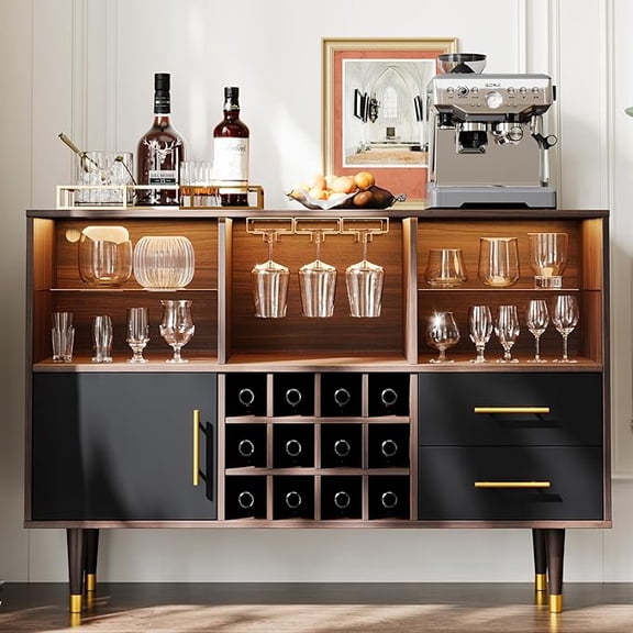 Marrber Bar Cabinet, 47 inch Walnut - Modern Cabinet with LED Light Charging Station, Buffet Table, Coffee Bar & Storage for Home Bar