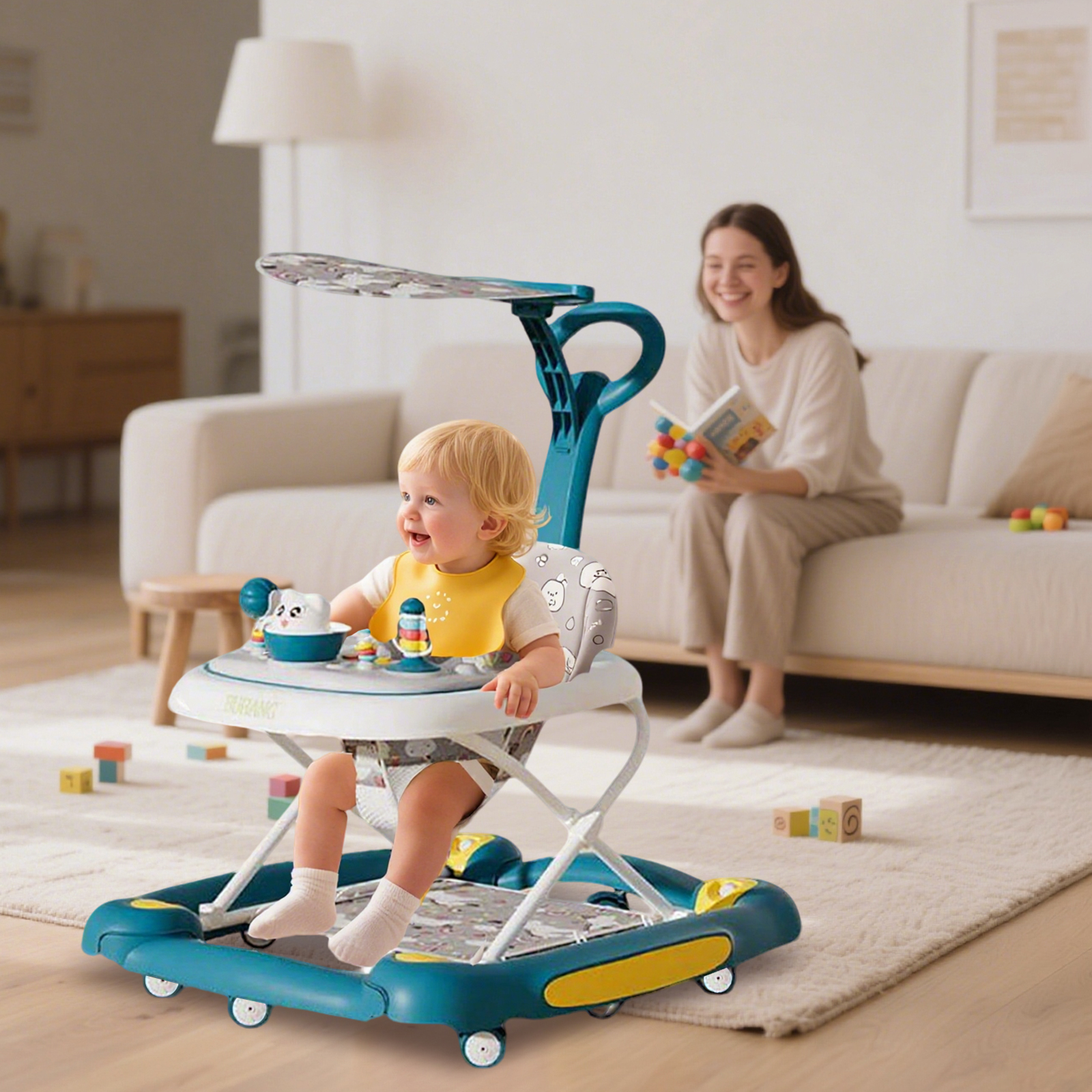 ManyFun Baby Walker, 6-in-1 Multi-functional Foldable Push Walker, 6-24 Months, Green