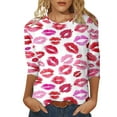 thumbnail image 1 of SZXZYGS T-Shirts Graphiques pour Femmes Crop Top Nœud T-Shirt Manches Trois-Quarts Imprimé Saint-Valentin Col Rond Été 2024, 1 of 4