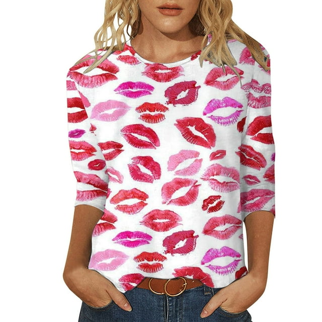 SZXZYGS T-Shirts Graphiques pour Femmes Crop Top Nœud T-Shirt Manches Trois-Quarts Imprimé Saint-Valentin Col Rond Été 2024