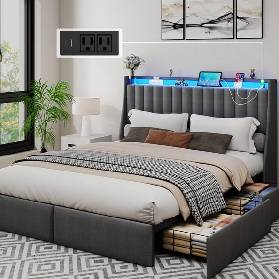 DRNANLIT Full Size Bed Frame with Headboard and 4 Storage Drawers, Upholstered Wingback Metal Platform Bed with LED Lights and Charging Station, No Box Spring Needed, Gray