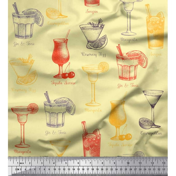Soimoi Orange Rayon Fabric Tequila Sunrise,Margarita & Rosemary Fizz Drinks Beverages Print Fabric by the Yard 42 Inch Wide